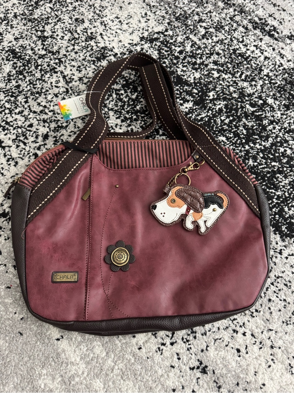 Chala Burgundy Shoulder Bag with Dog Charm and Brown Trim